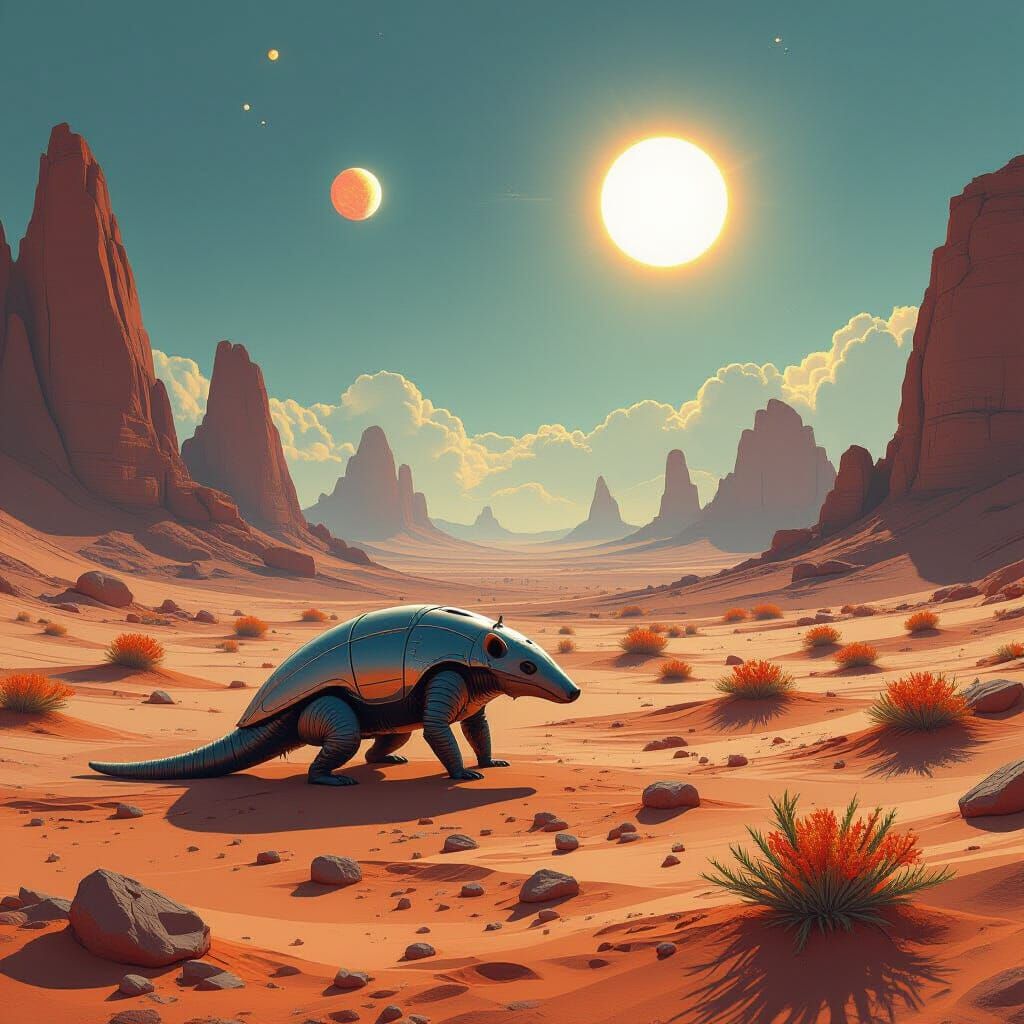 Metallic Aardvark Explorer on Alien Desert Planet