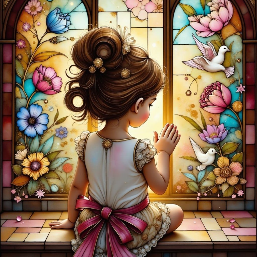 Toddler Praying Before Stained Glass Window