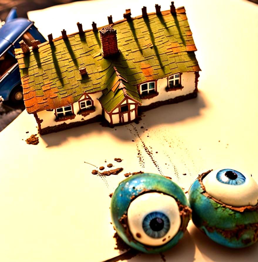 Surreal Decaying Car and Farmhouse with Eyeballs