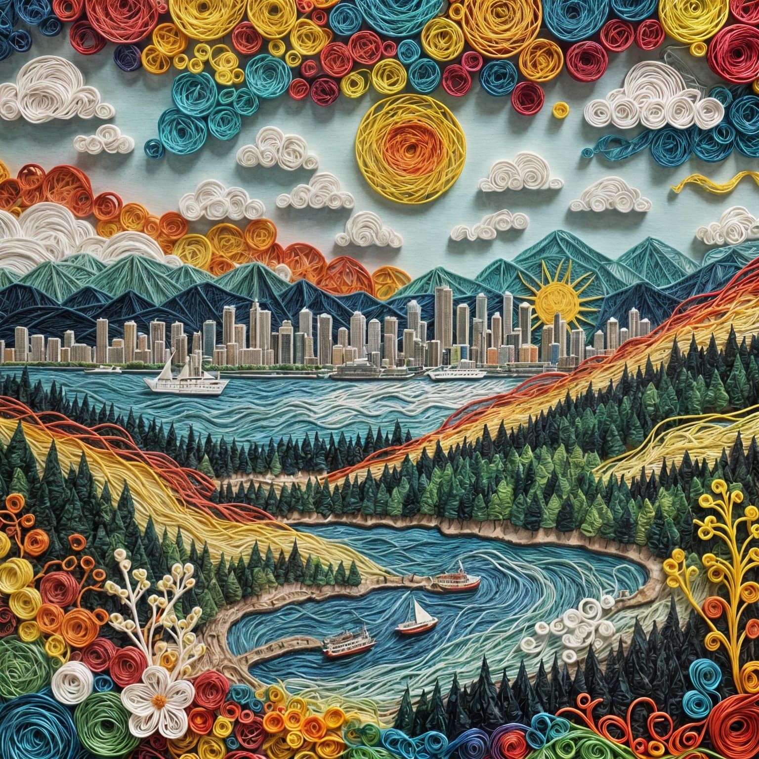 Vibrant String Art Landscape of Vancouver Canada