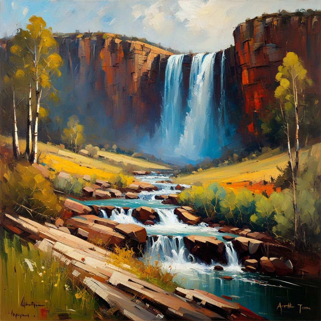 Moody Waterfall Landscape as Impasto Oil Painting