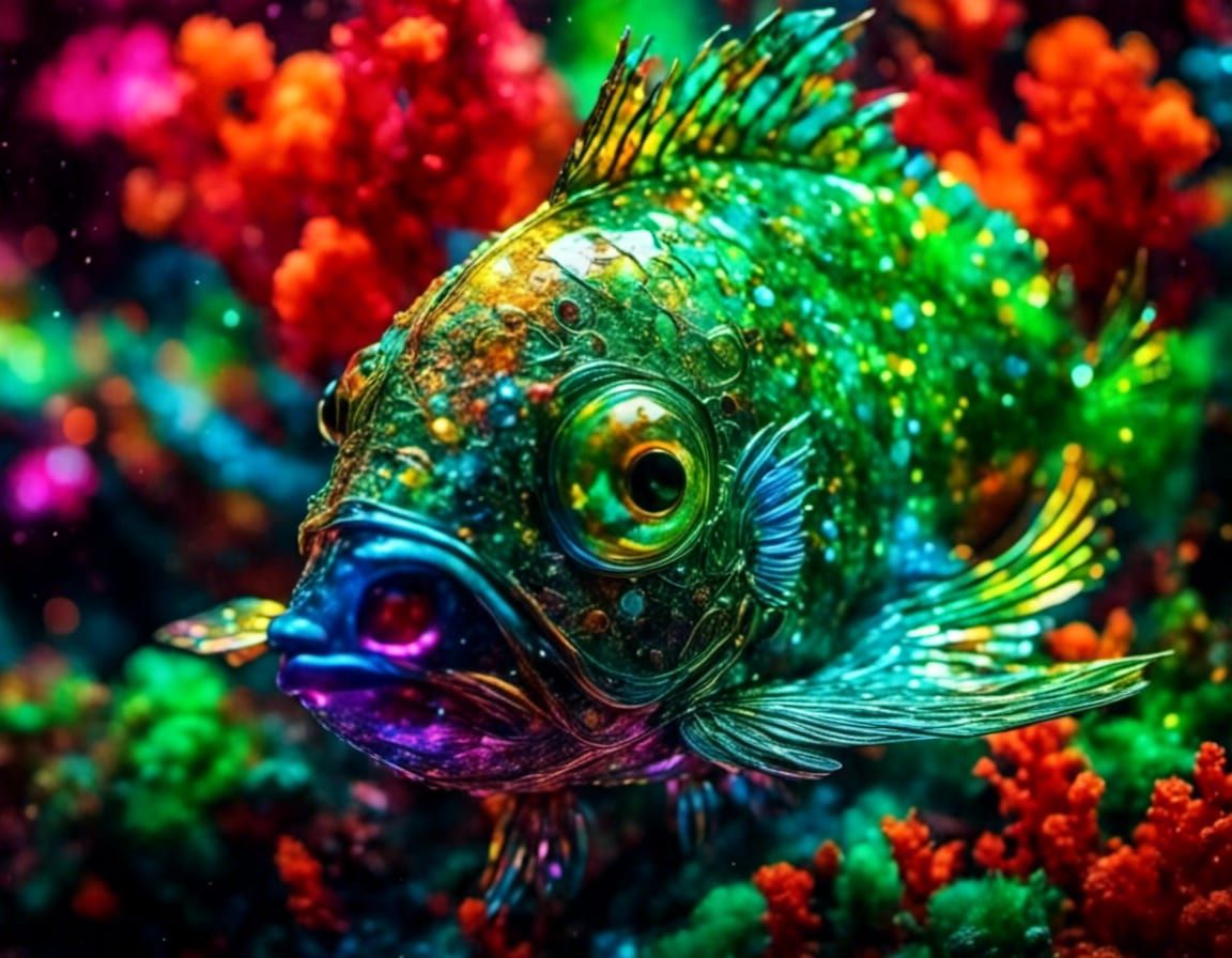 Psychedelic Coral Reef With Tropical Fish