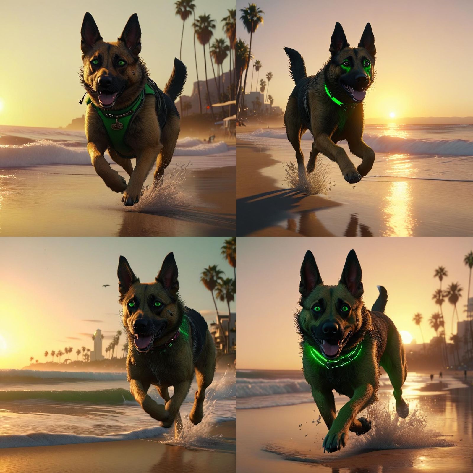Alsatian Dog Runs on Los Angeles Beach at Sunset