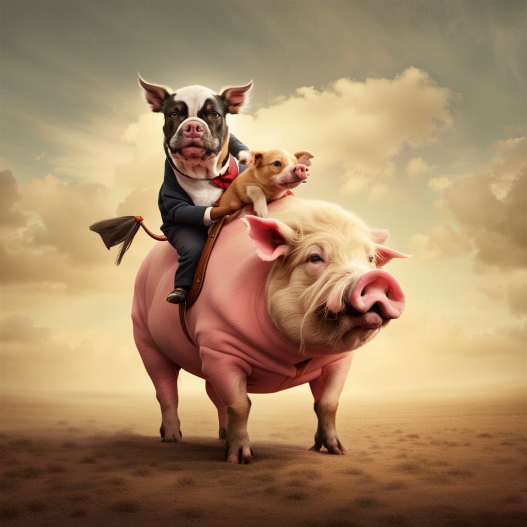 Pig with Dog Head Rides a Bull