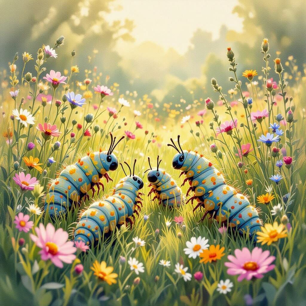 Caterpillars in Lush Meadow: Whimsical Watercolor Art