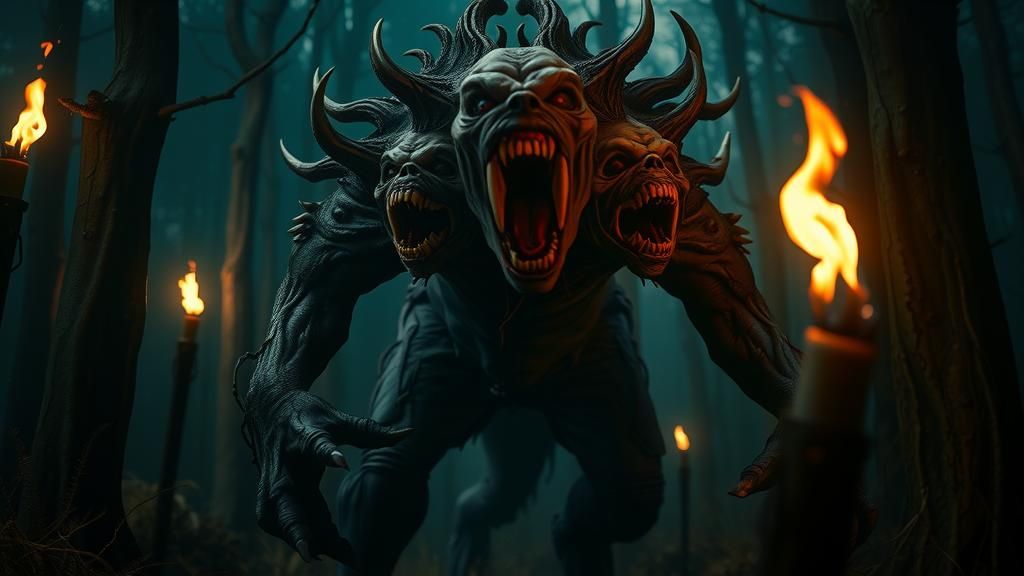 Nightmarish Hybrid Beast in Dark Forest
