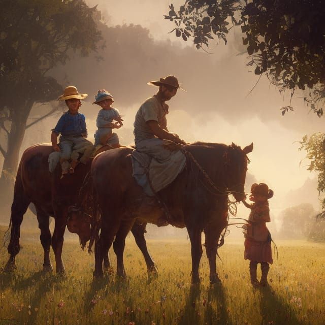 Happy Farmer Family Portrait in Art Nouveau Style
