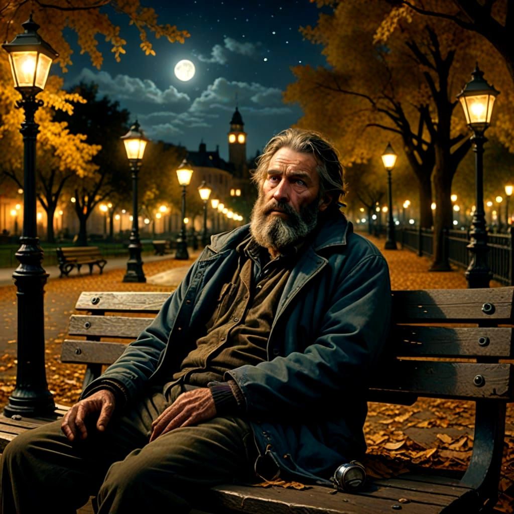 Homeless Man Under Gas Lanterns at Night in a Park