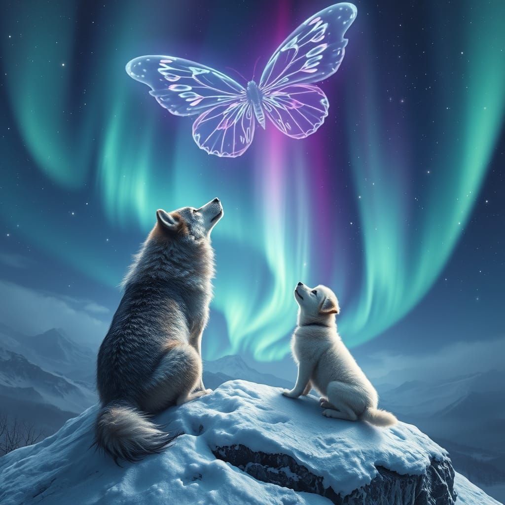 Wolf and Puppy Gaze in Awe at Vibrant Northern Lights