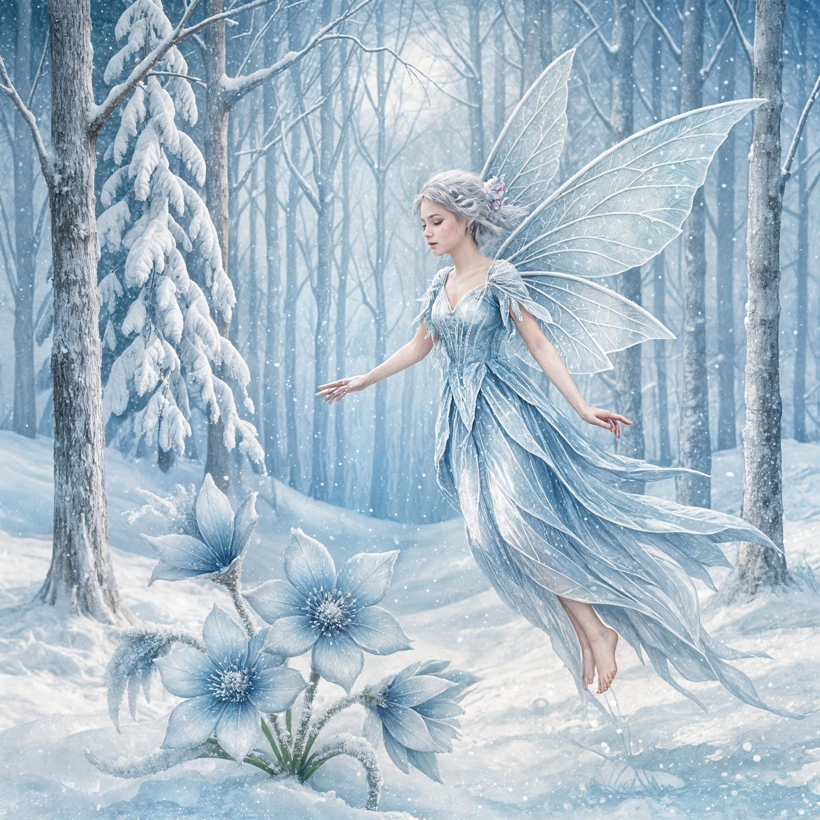 Ethereal Winter Fairy in Moonlit Forest Watercolor