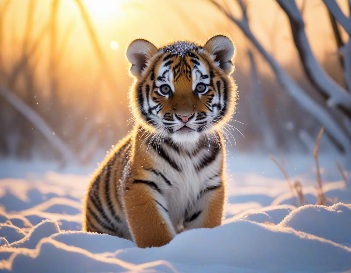 Tiger Cub Discovers Winter Wonderland in Snowy Dawn
