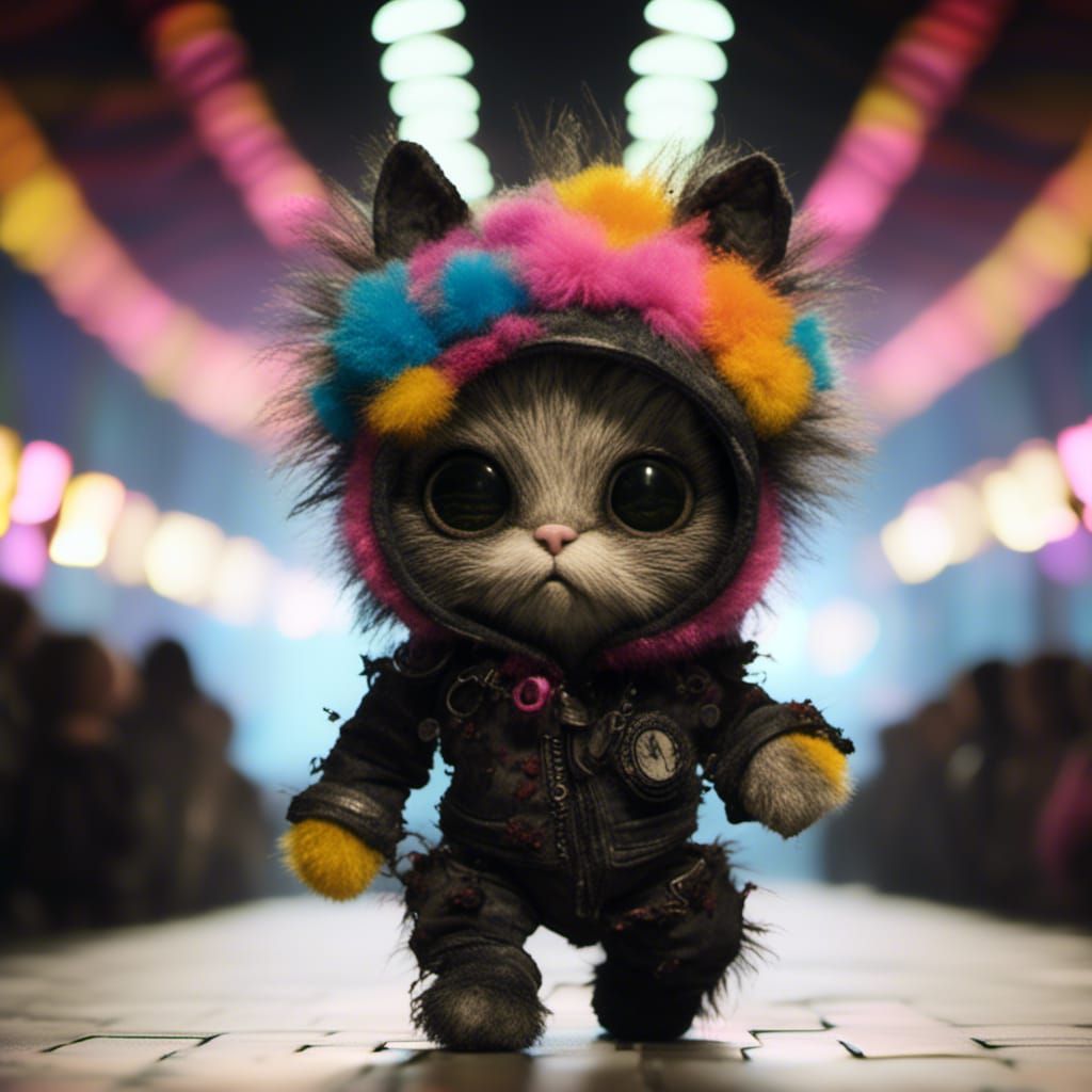 Punk Baby Cat on Runway in Whimsical Style