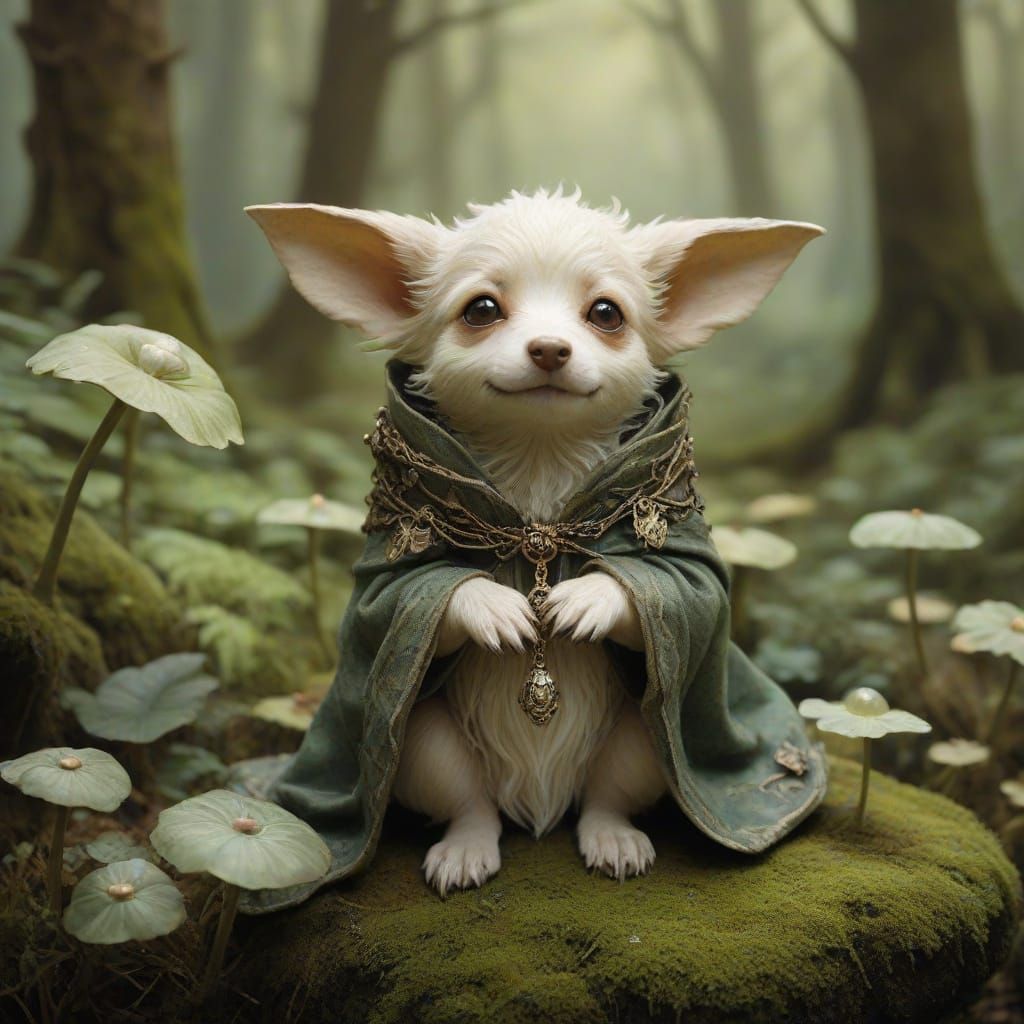 Mystical Moonlit Puppy on a Velvet-Cloaked Toadstool