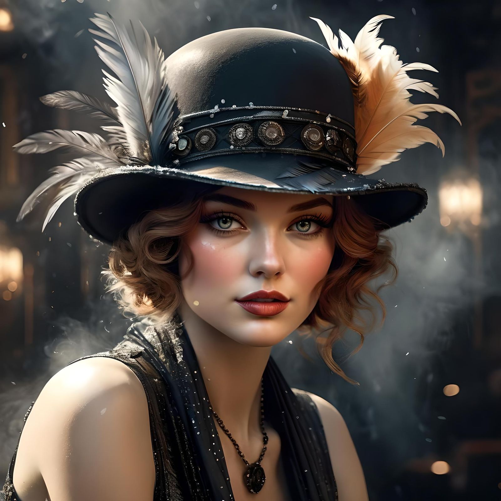 Art Deco Flapper Portrait with Feathered Hat