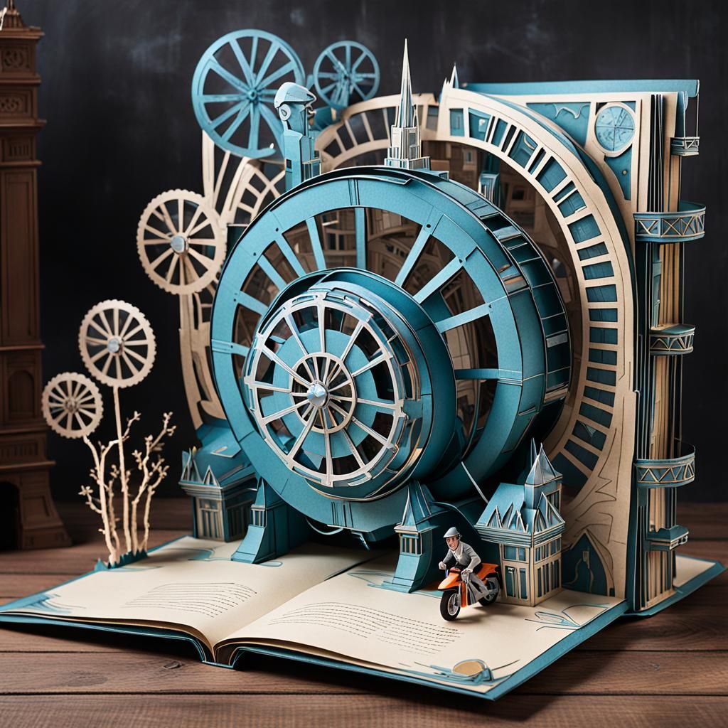 Wizard on Futuristic Motorcycle in Pop-Up Book Style