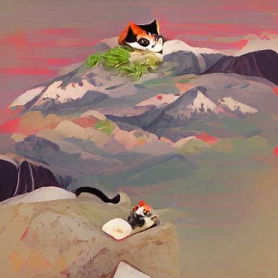 Cat Eats Sushi Atop Mountain