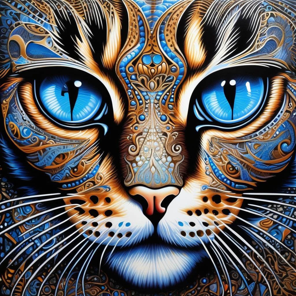 Surreal Airbrush Cat with Blue Eyes in Pop Art Style
