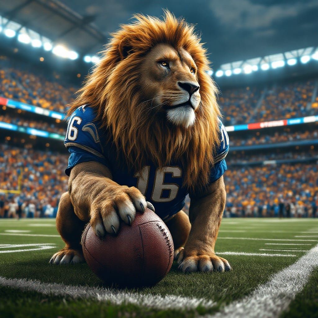 Majestic Lion Stands Proud on Football Field in Detailed Fan...
