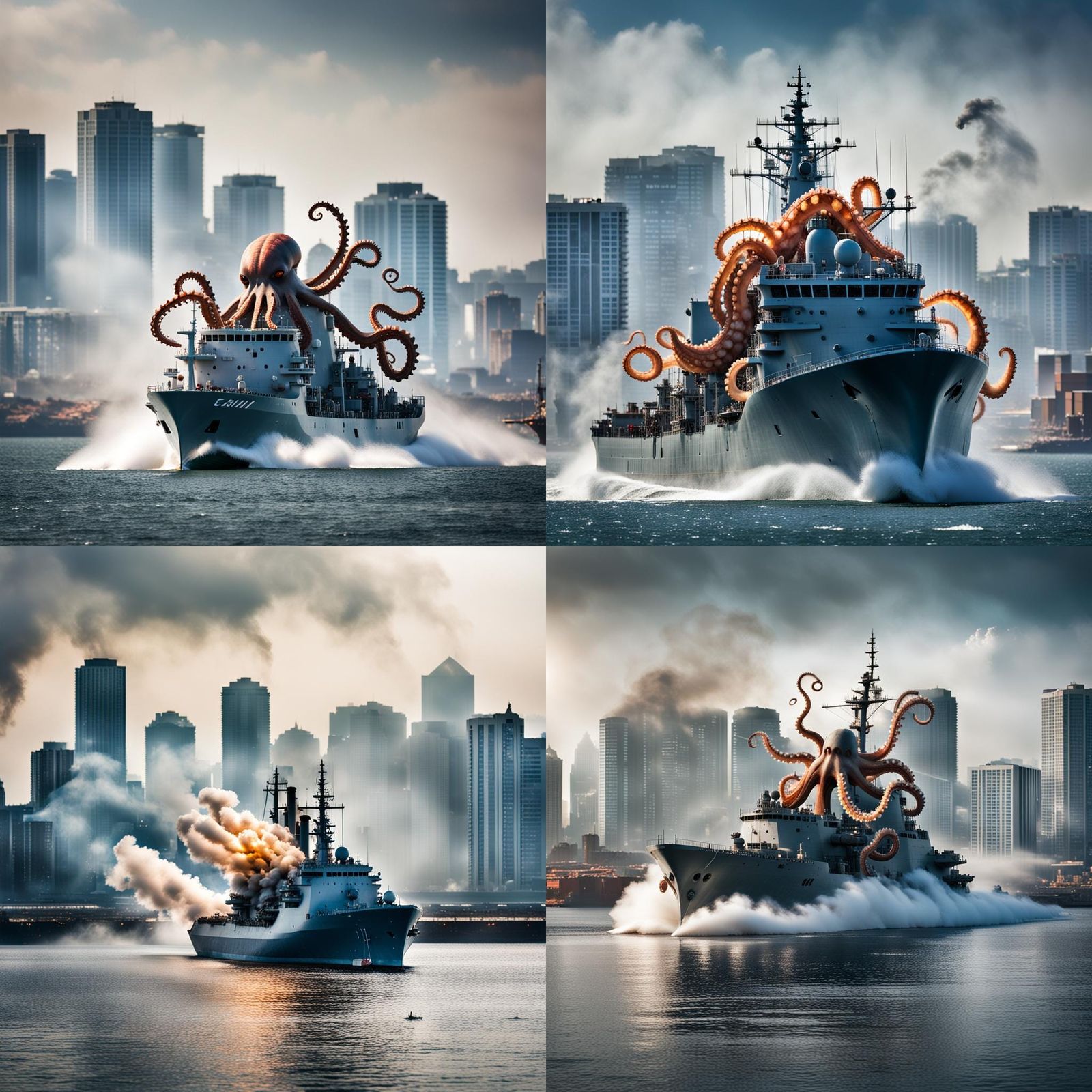 Naval Ship Battles Smoke Octopus on Coast