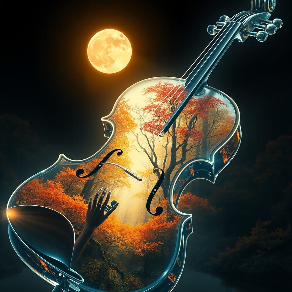 Luminous Autumn Forest Portal Violin Under the Moonlight