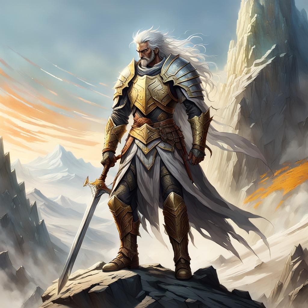 Fantasy Paladin Triumphant on Misty Mountain