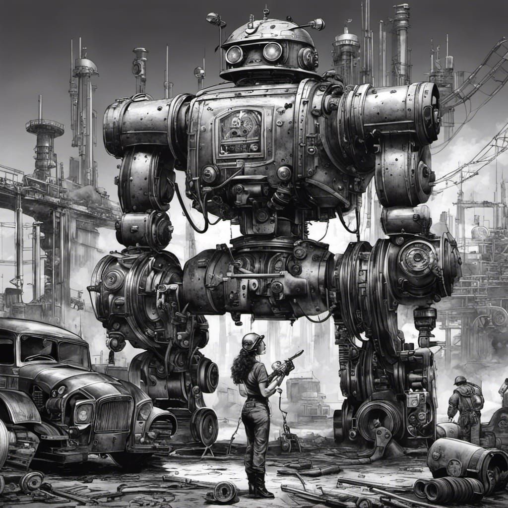 Dystopian Mechanic and Industrial Robot in Ink