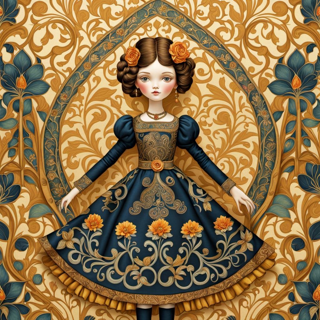 Art Nouveau Fabric Doll in Gustav Klimt Style