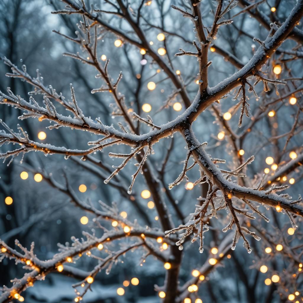 Christmas Lights on Frosty Branch: HDR Macro