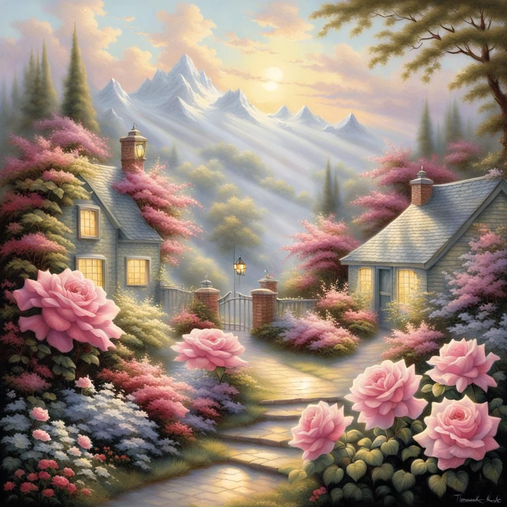Ethereal Rose Fantasy in a Thomas Kinkade Style