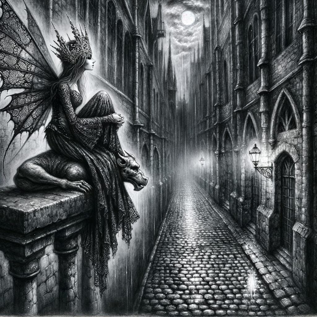 Gothic Fairy on Gargoyle Overlooking Rainy Alley