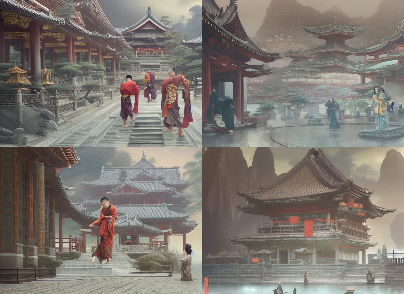 Futuristic Temples with Monk in Dynamic Pose