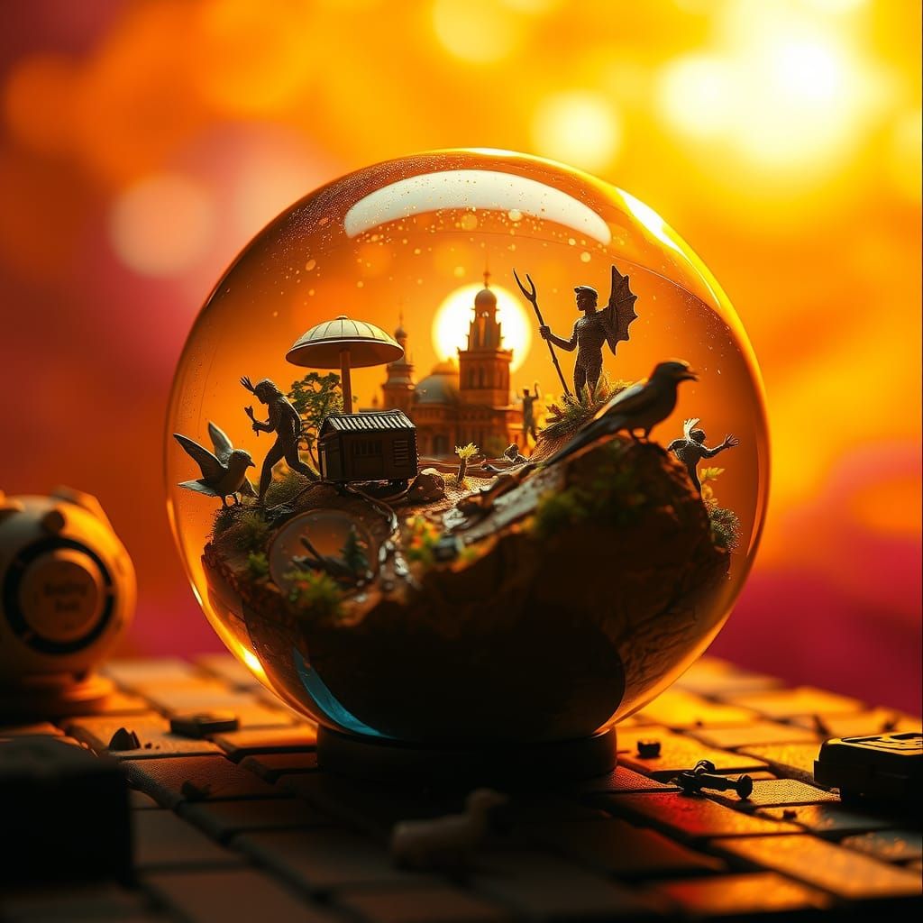 Miniature World Inside Golden Orb, Hyper-Realistic Style