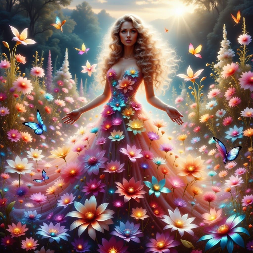 Goddess in Meadow of Living Flowers: Fantasy Portrait