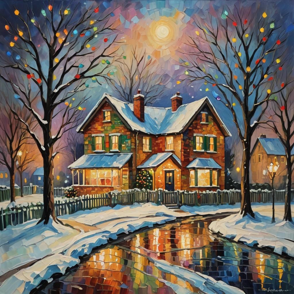 Christmas Home in Neo-Impressionistic Expressionist Style