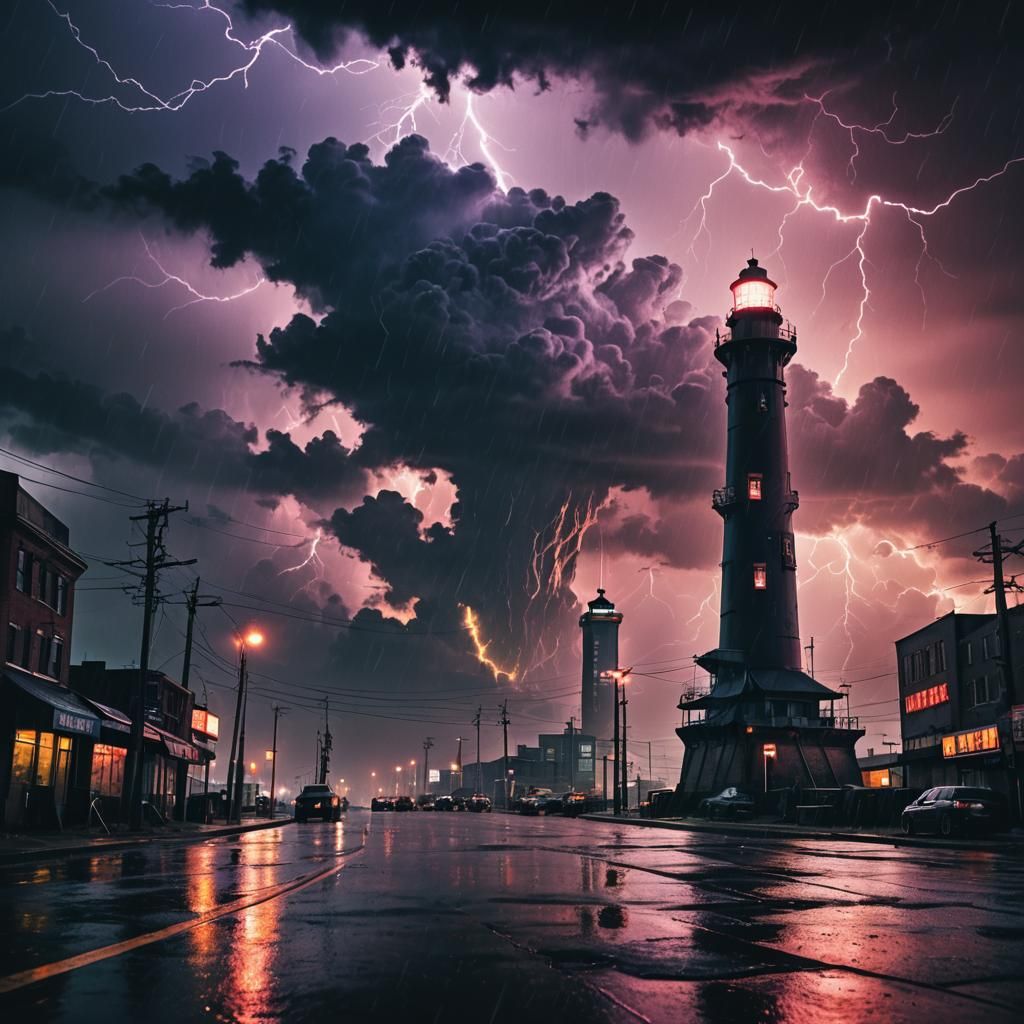 Cyberpunk Lighthouse in Stormy Neon Cityscape