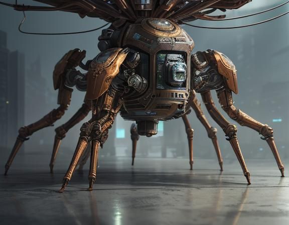 Copper Mecha-Spider Trapped in Jar, Sci-Fi Art
