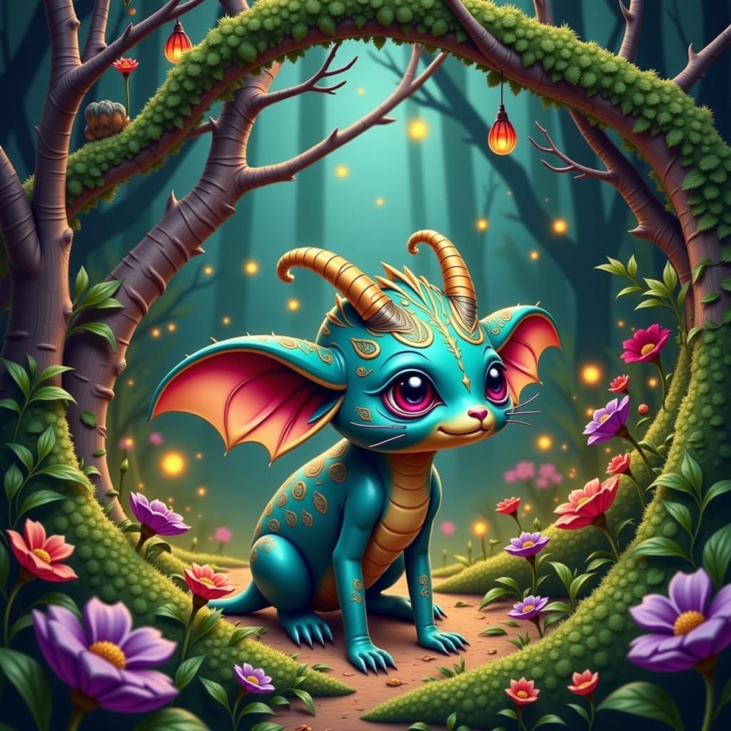 Fantastical Creature in Whimsical Forest, Surreal Art