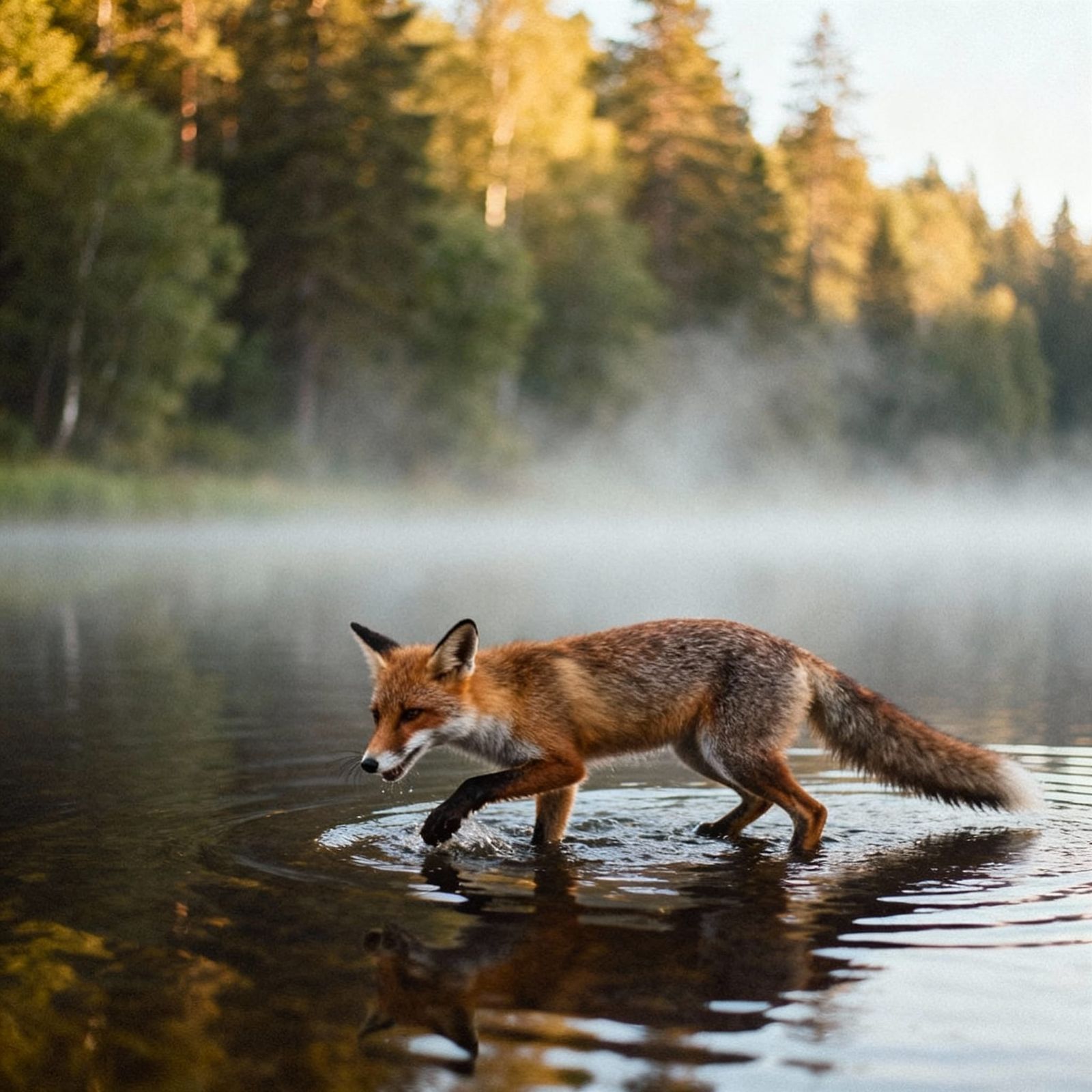 Serene Fox in Misty Morning Forest, Golden Light