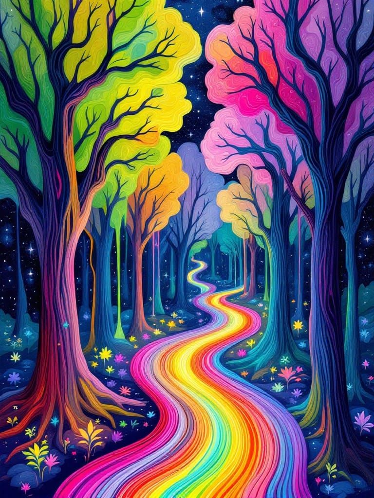 A vibrant, colorful, stylized forest scene.  A winding, rain...