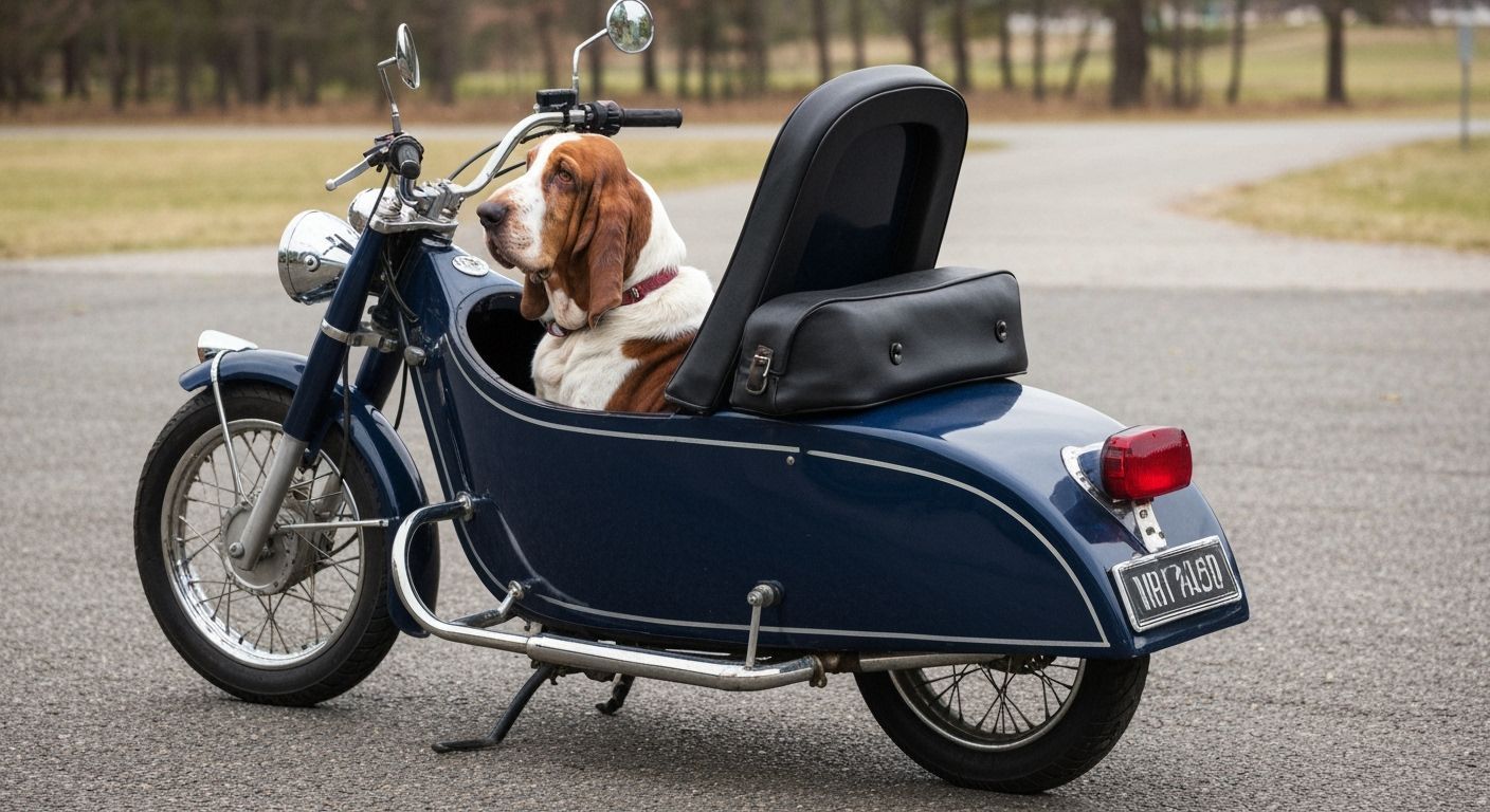 Basset Hound Riding in a Motorcycle Sidecar
