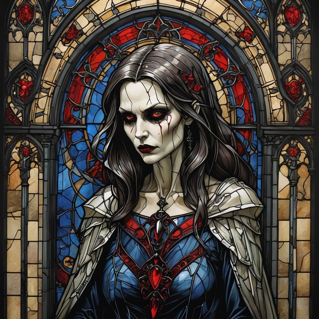 Sinister Vampire Woman in Gothic Stained Glass