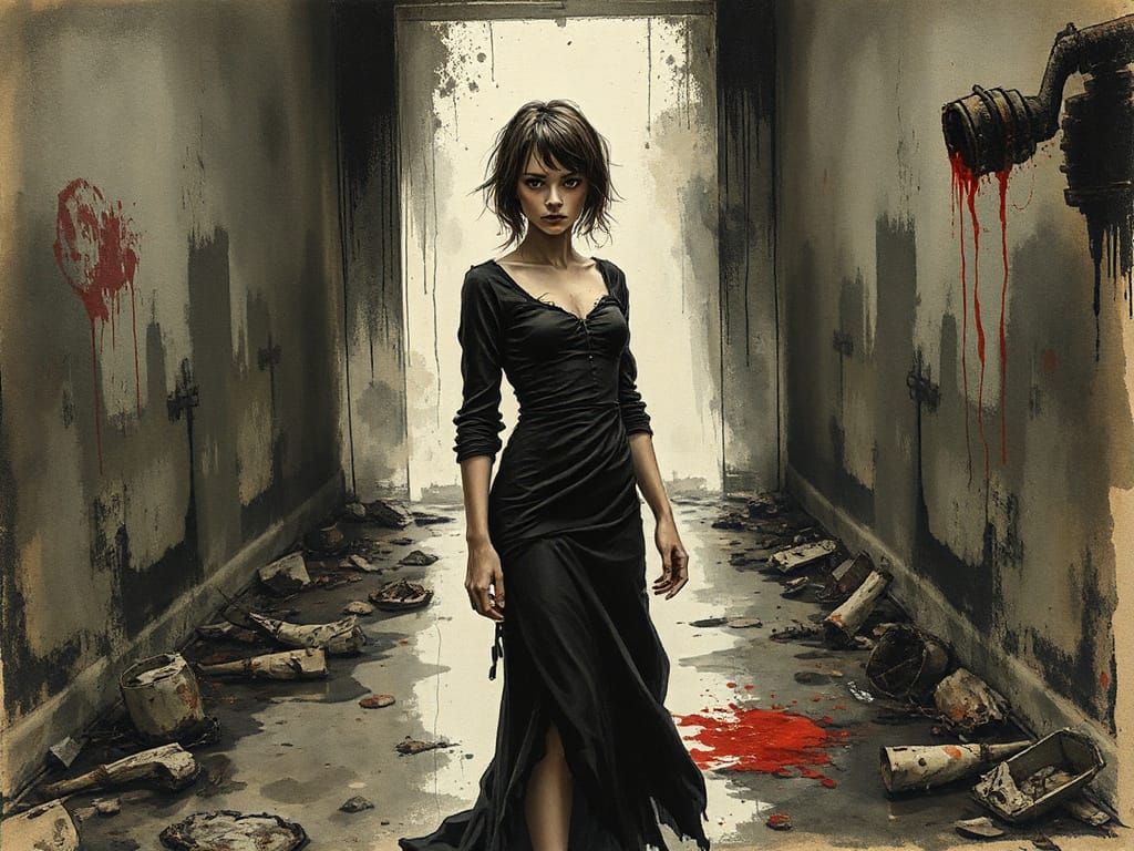 Mysterious Woman in a Tattered Gown, Rendered in a Dark, Sur...