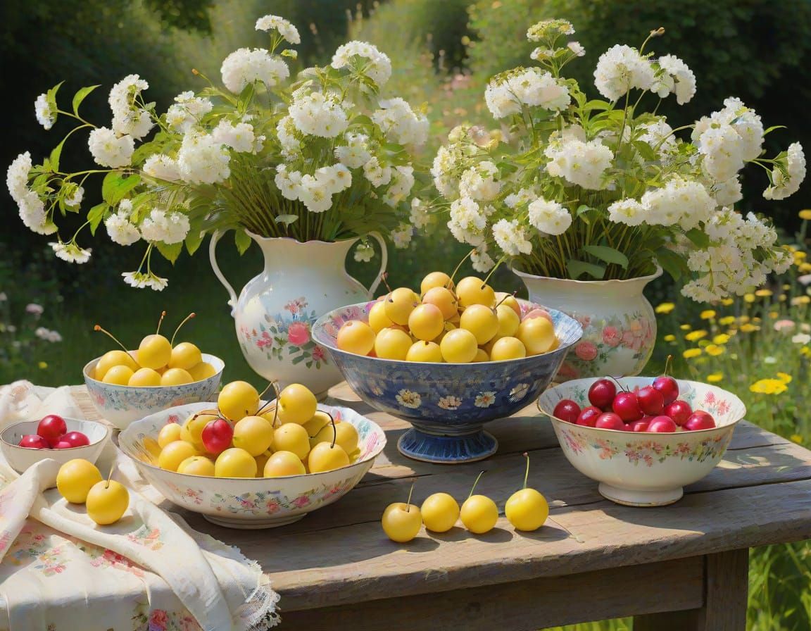 Cherries and Flowers Still Life in Impressionist Style