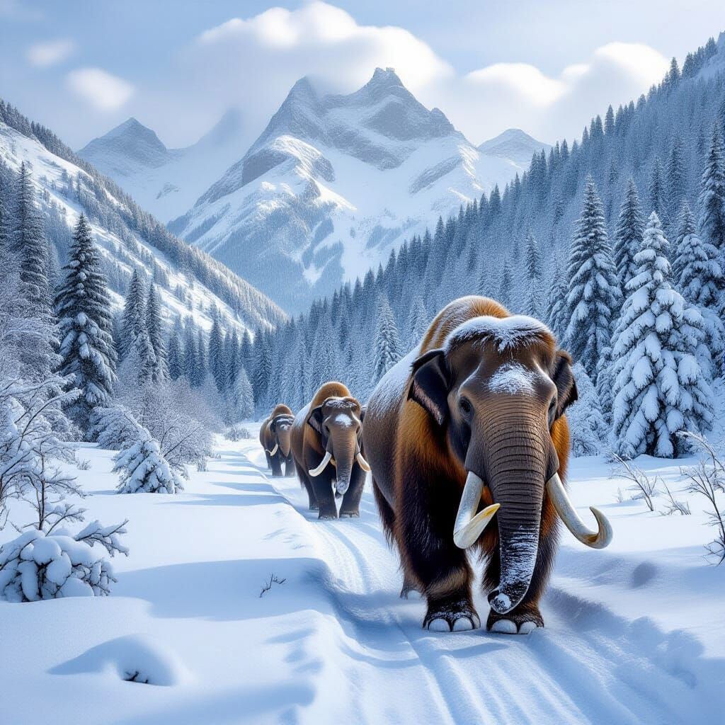 Mammoth Herd Journey Through Snowy Mountain Valley