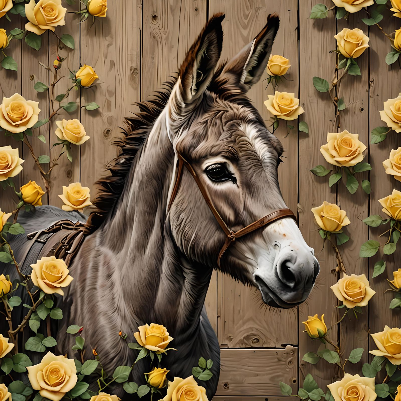 Cute Donkey in Roses: Hyperrealistic Digital Art