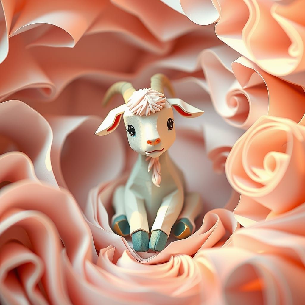 Serene Chibi Goat Papercraft in Pastel Hues