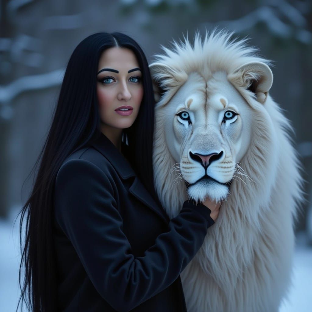 Woman and White Lion in Dark Magical Forest