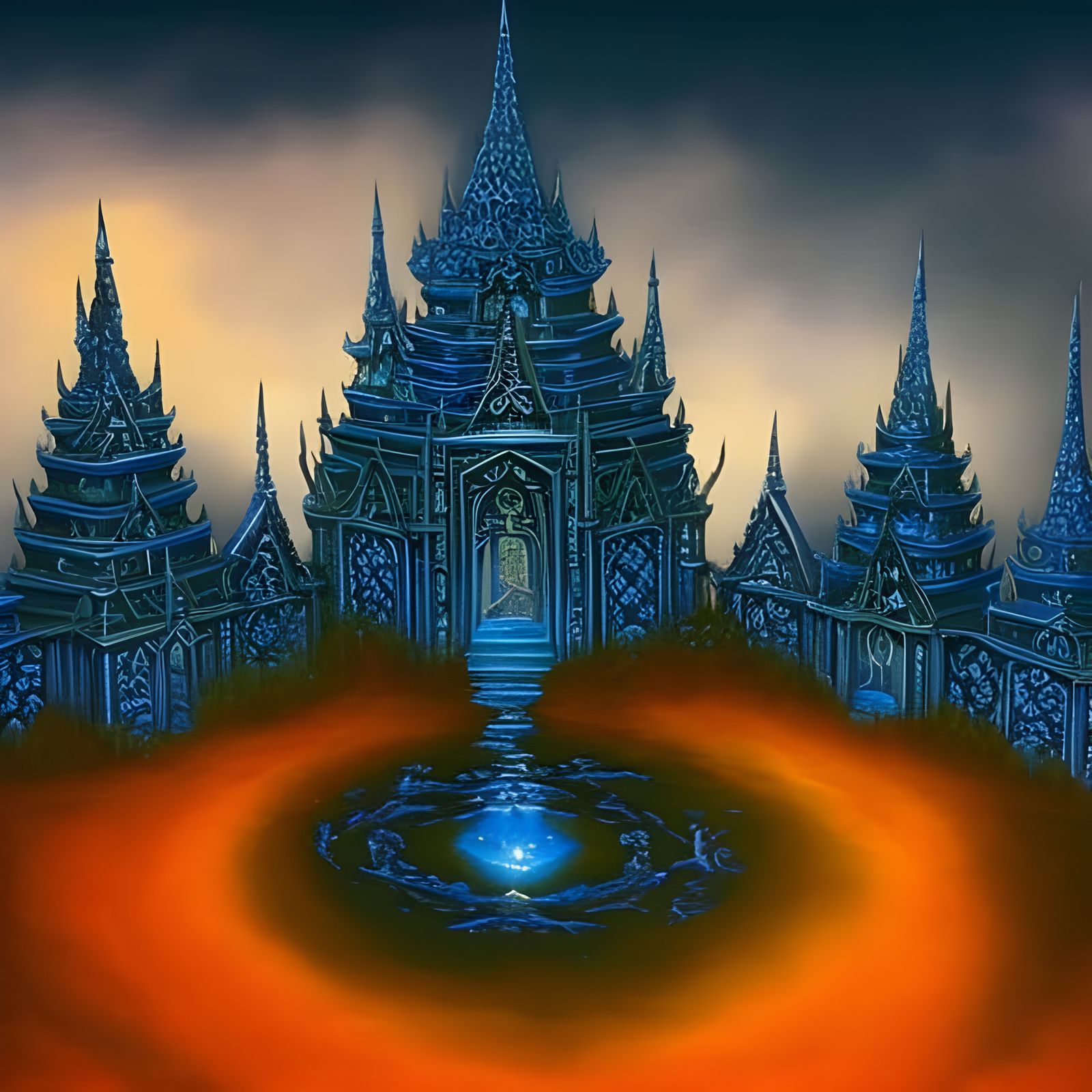 Mystical Blue Elvish Water Temple Painting