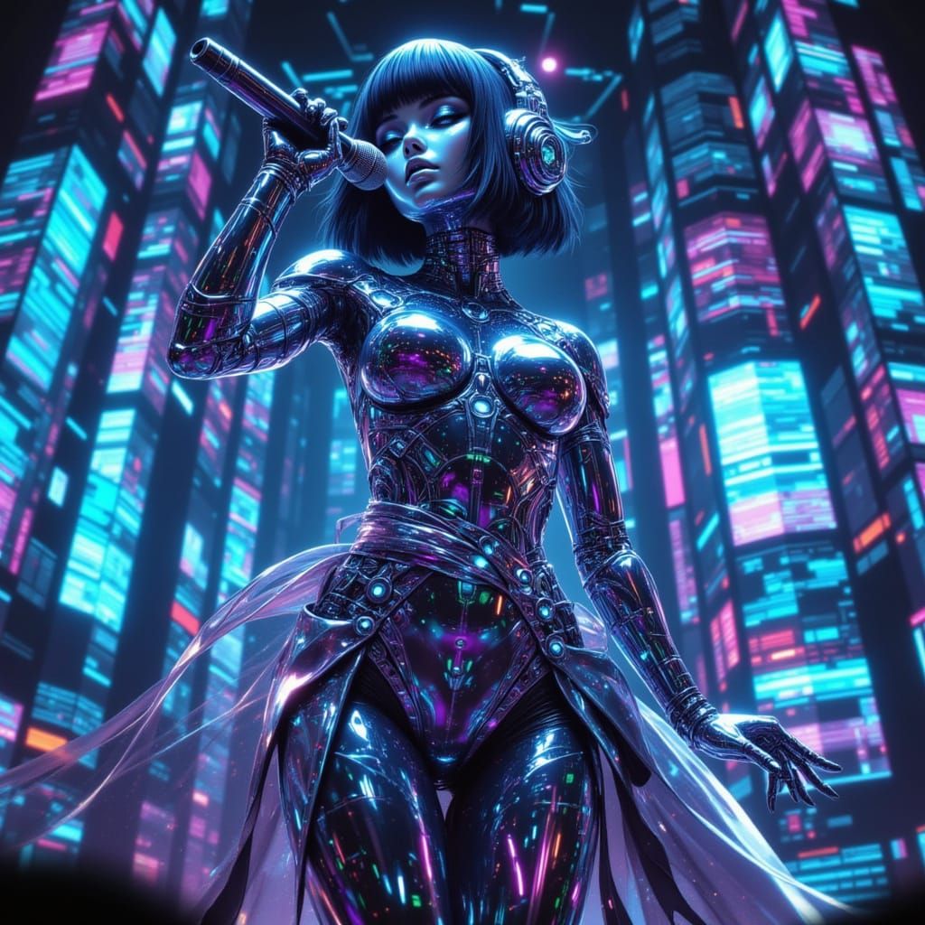 Futuristic Alien Cyborg Woman in Japanese Dress, Anime Art S...