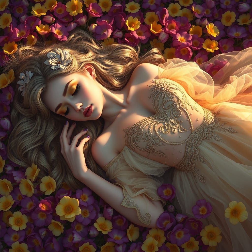Sleeping Beauty in a Whimsical Floral Paradise